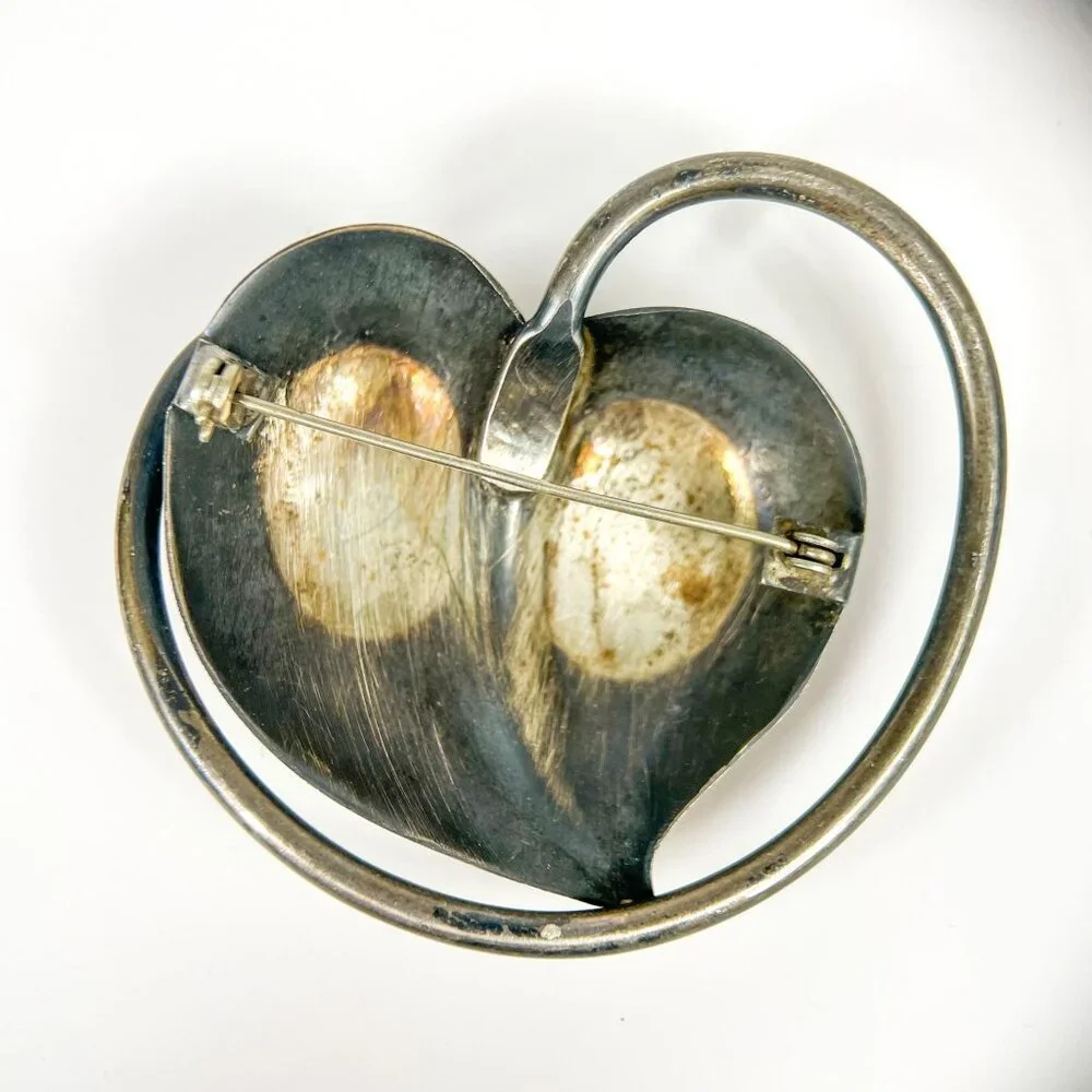 Vintage Silver tone Abstract Heart Leaf Brooch Pin Swirl Modernist